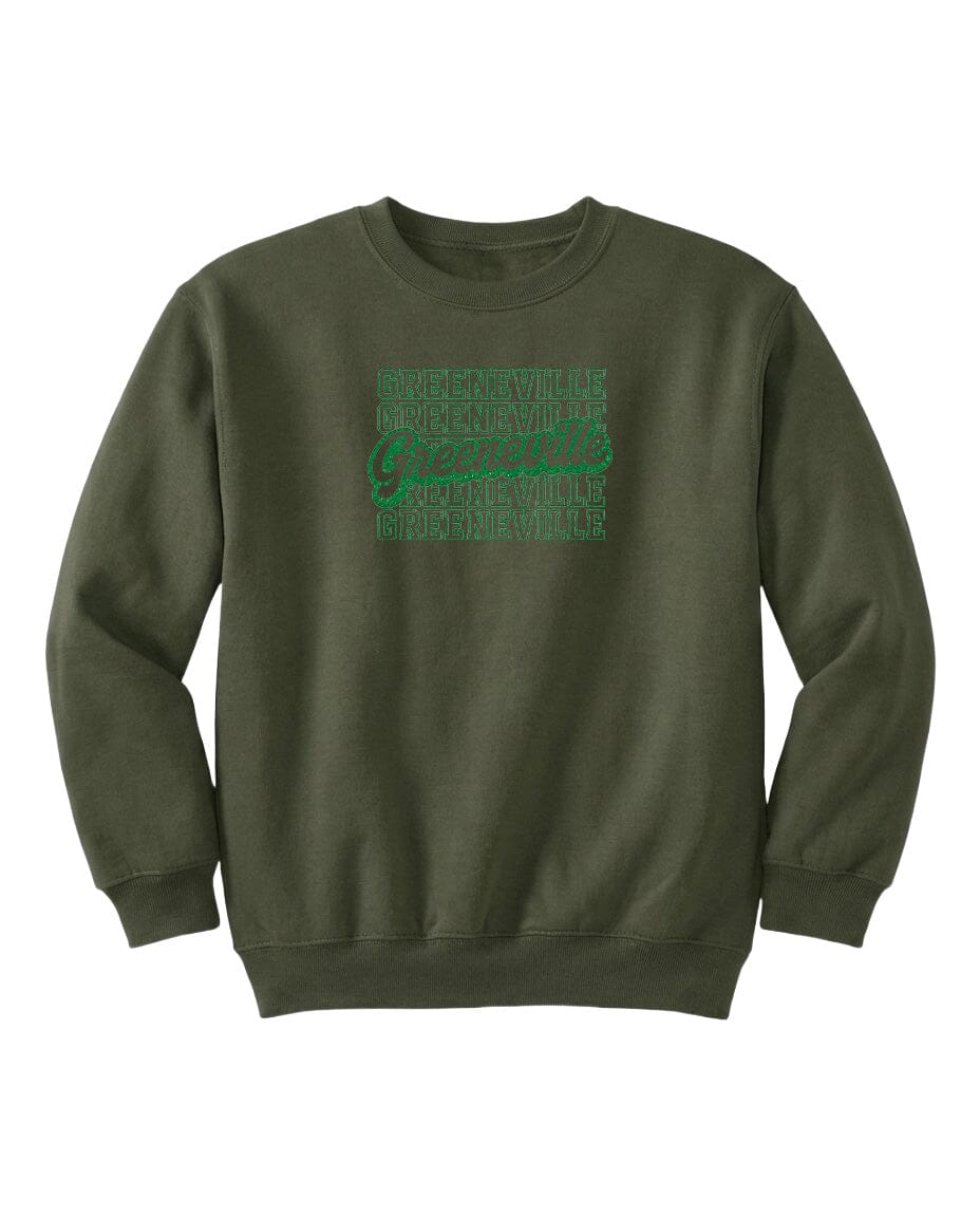 A dark green sweatshirt with a repeating pattern of the word "BRIGHT" in green text across the chest area.