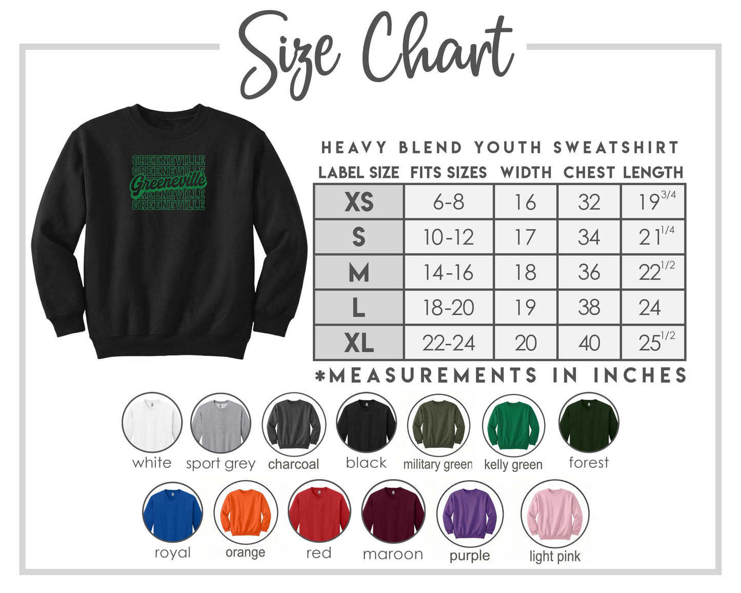 The image is a size chart for a heavy blend youth sweatshirt, including various color options and corresponding measurements in inches.