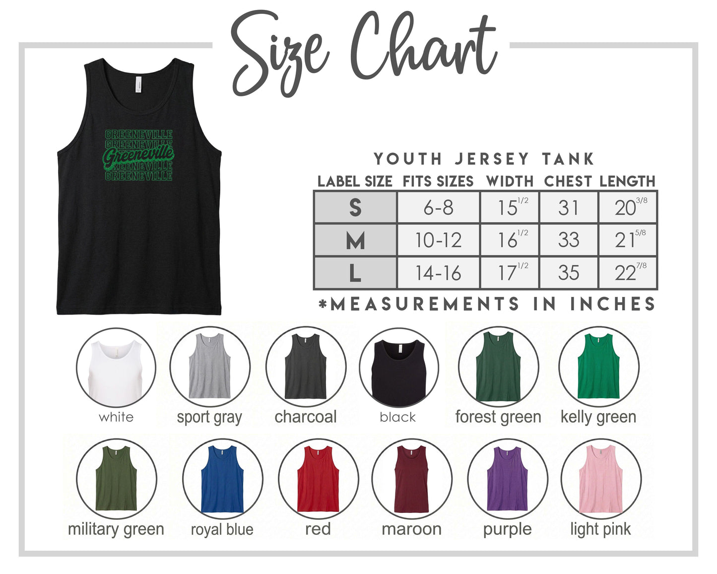 The image is a size chart for a youth jersey tank, displaying various color options and corresponding measurements in inches.