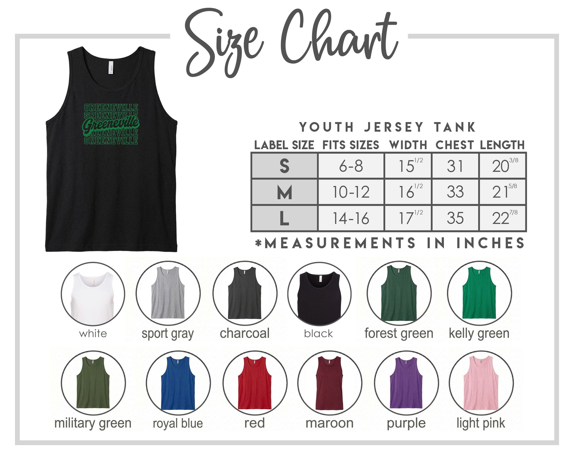 The image is a size chart for a youth jersey tank, displaying various color options and corresponding measurements in inches.