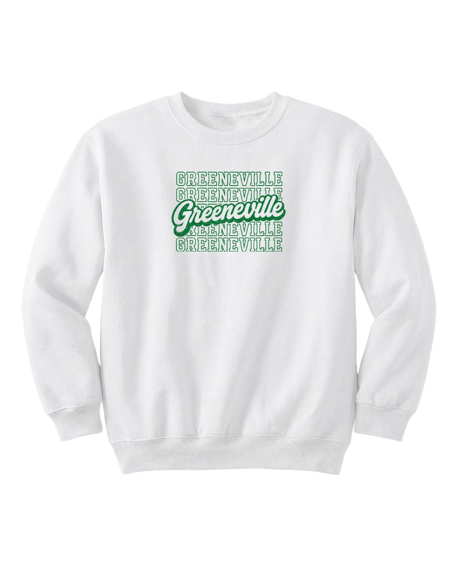 A white sweatshirt with the text "Greenville" printed in green on the front.