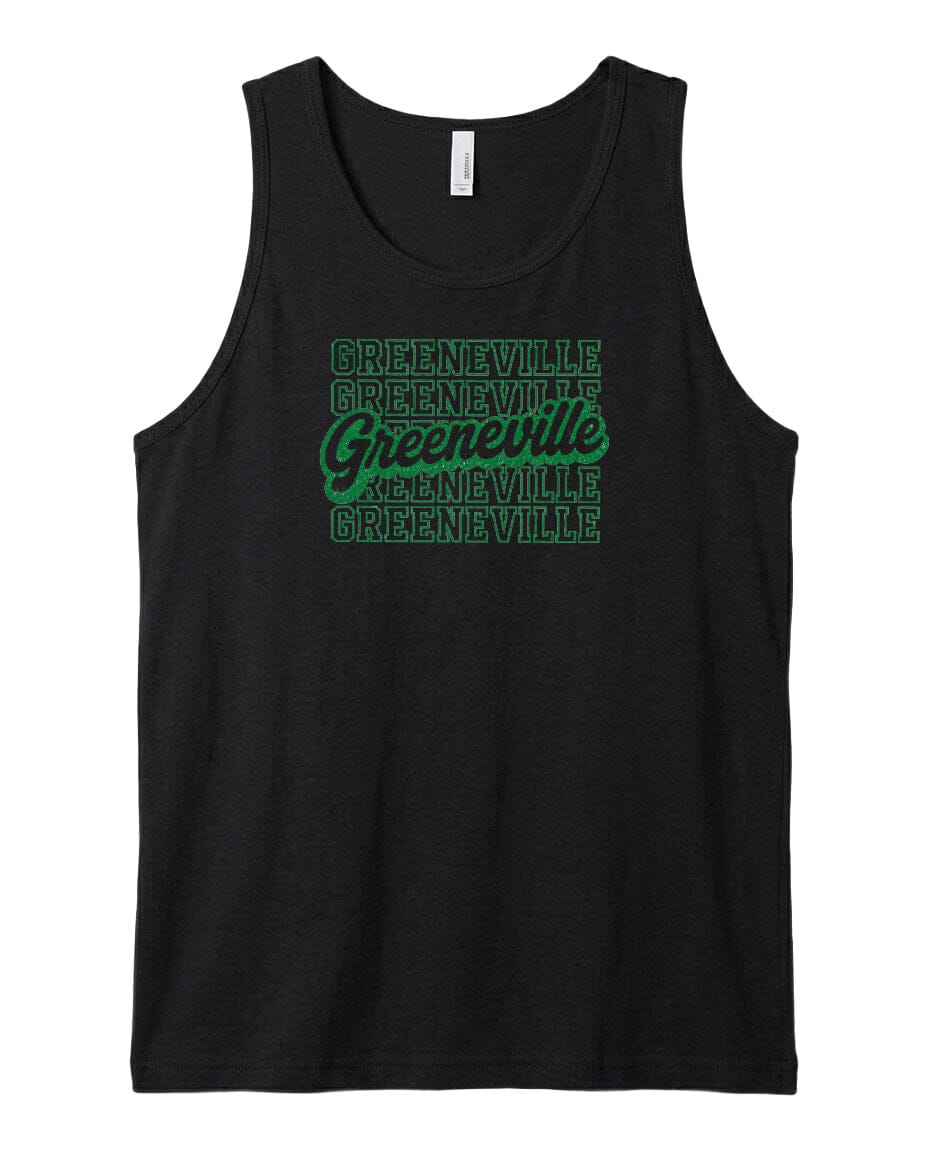 A black tank top with the text "Greeneville" printed in green on it.