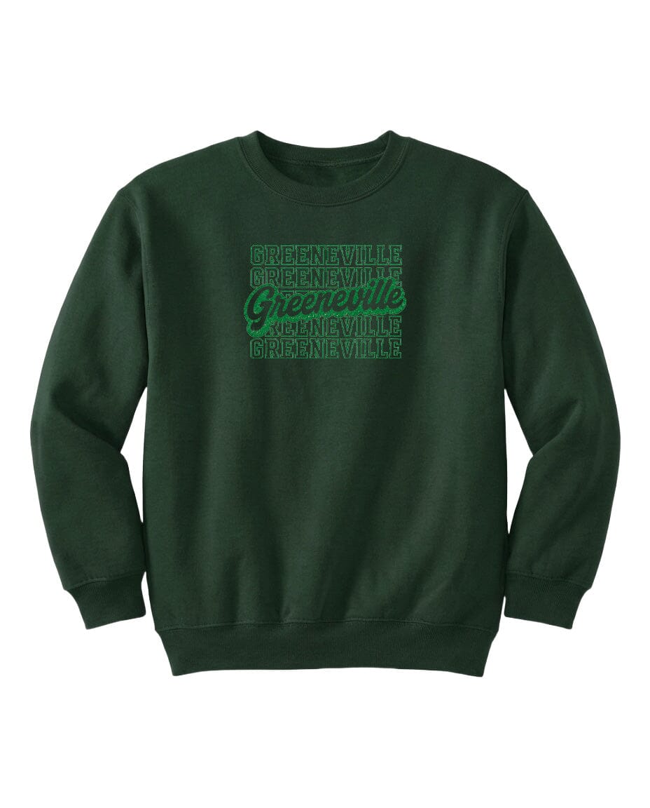 A dark green sweatshirt with the text "Greenville" printed in a stylized font across the front.
