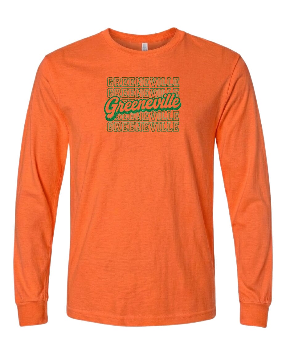 An orange long-sleeved t-shirt with text printed on it.