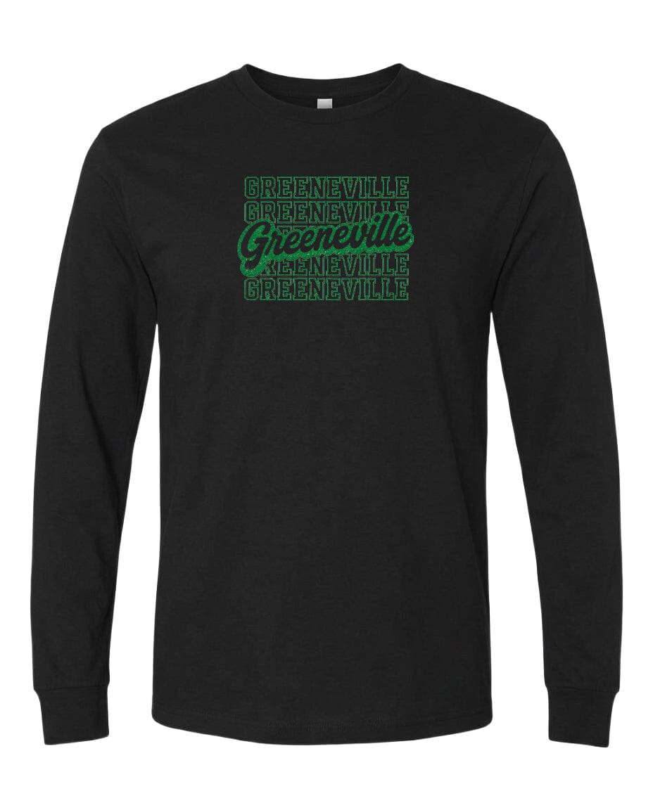 A black long-sleeved t-shirt with a graphic design featuring the text "Greenville" repeated in a pattern across the front.