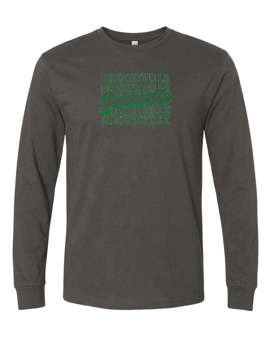 A gray long-sleeved t-shirt with a green graphic design on the front.
