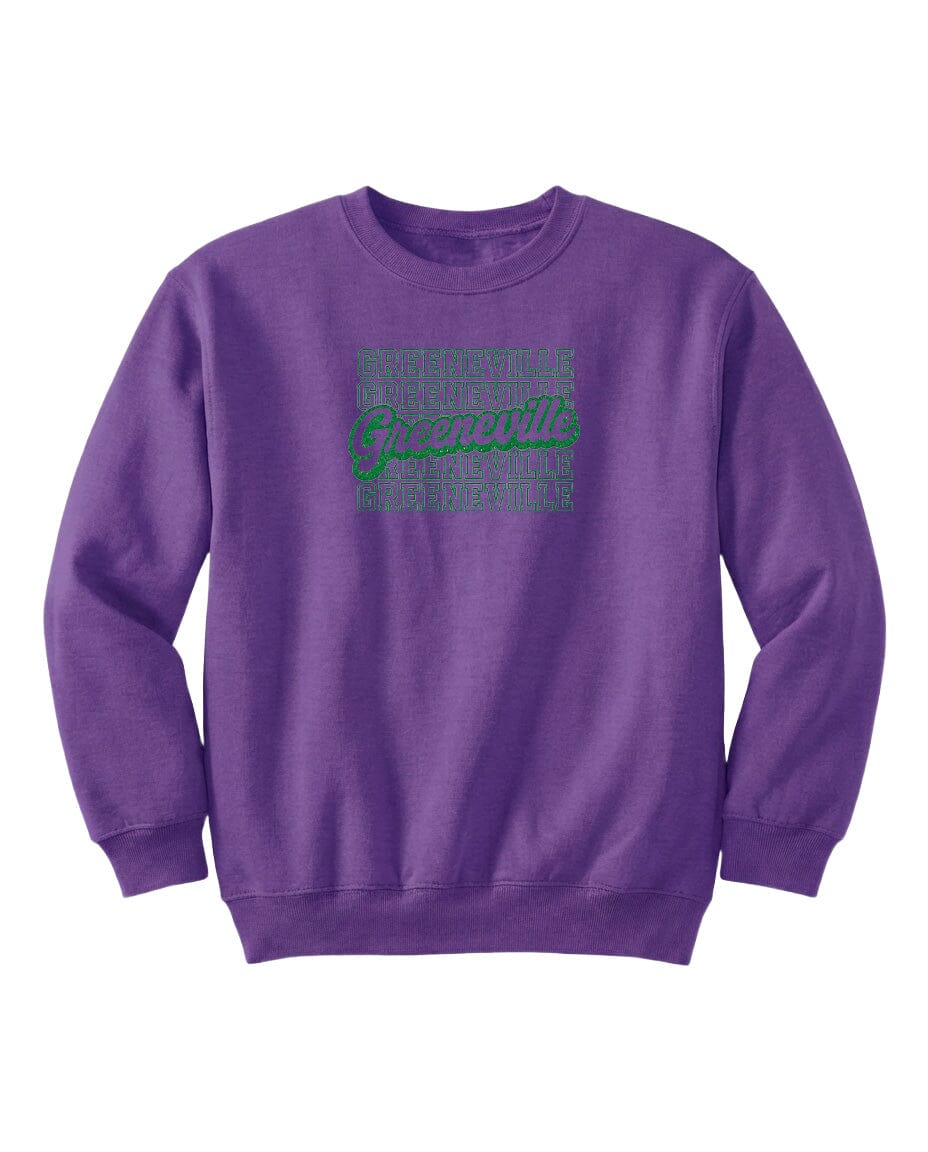 A purple sweatshirt with a graphic design on the front.