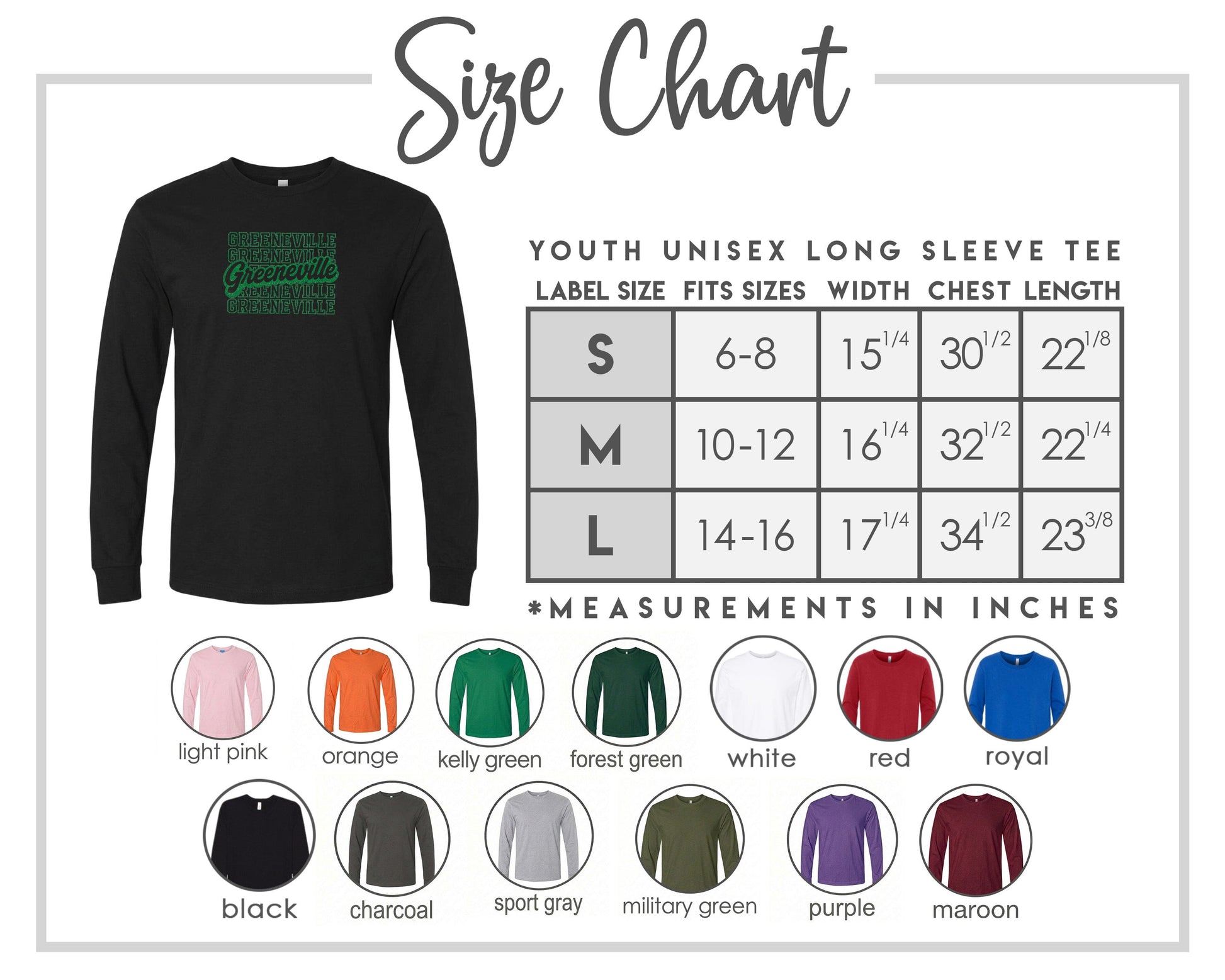 The image is a size chart for a youth unisex long sleeve tee, providing measurements for different age groups and sleeve length.