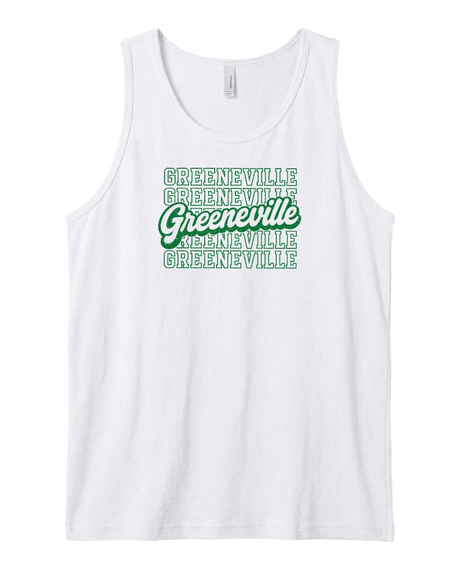A white tank top with a graphic design featuring the text "Greeneville" repeated in a stylized font.