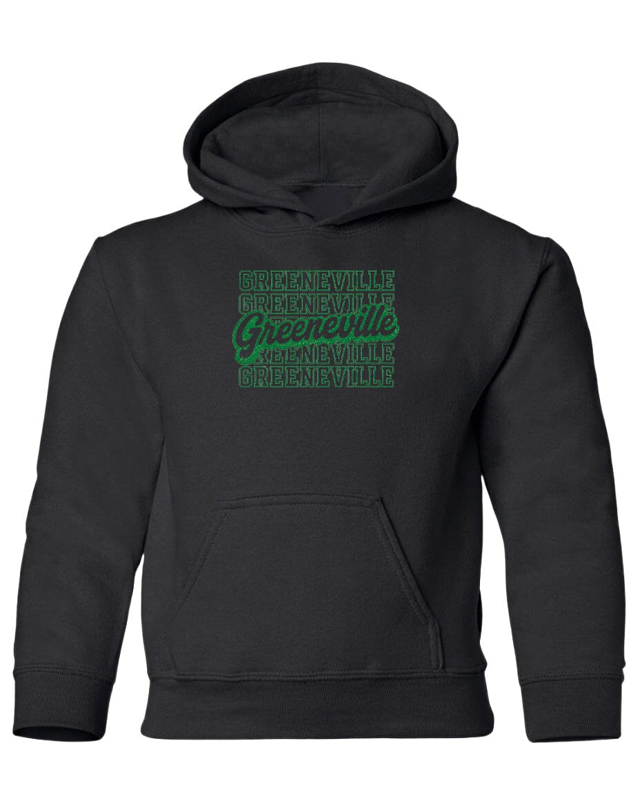 A black hooded sweatshirt with a graphic design on the front.