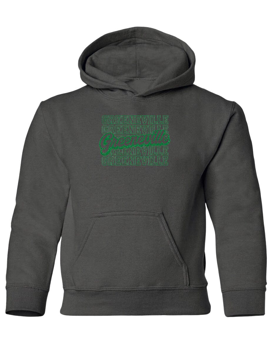 A gray hooded sweatshirt with a green graphic design on the front.