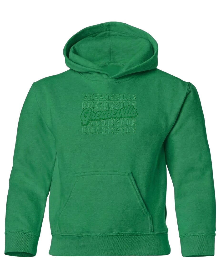 A bright green hoodie with the text "Greenville" printed on it.