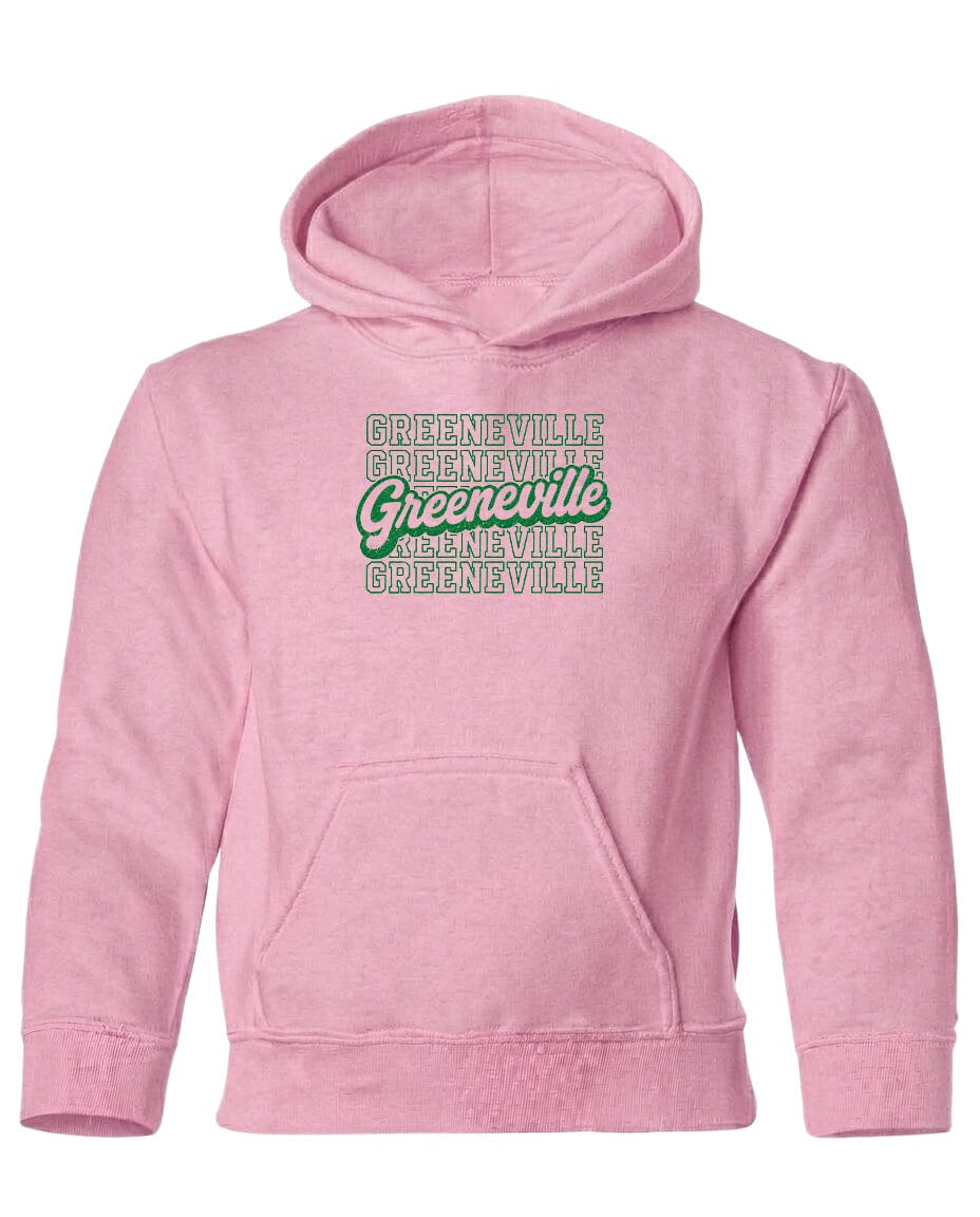A pink hoodie with the text "Greeneville" printed on it.