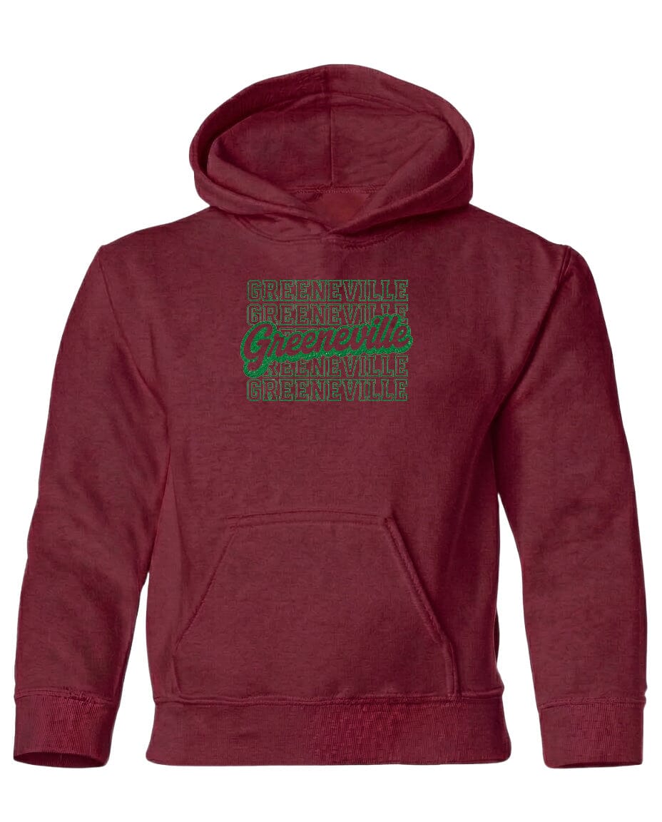 A burgundy-colored hooded sweatshirt with a green graphic design on the front.