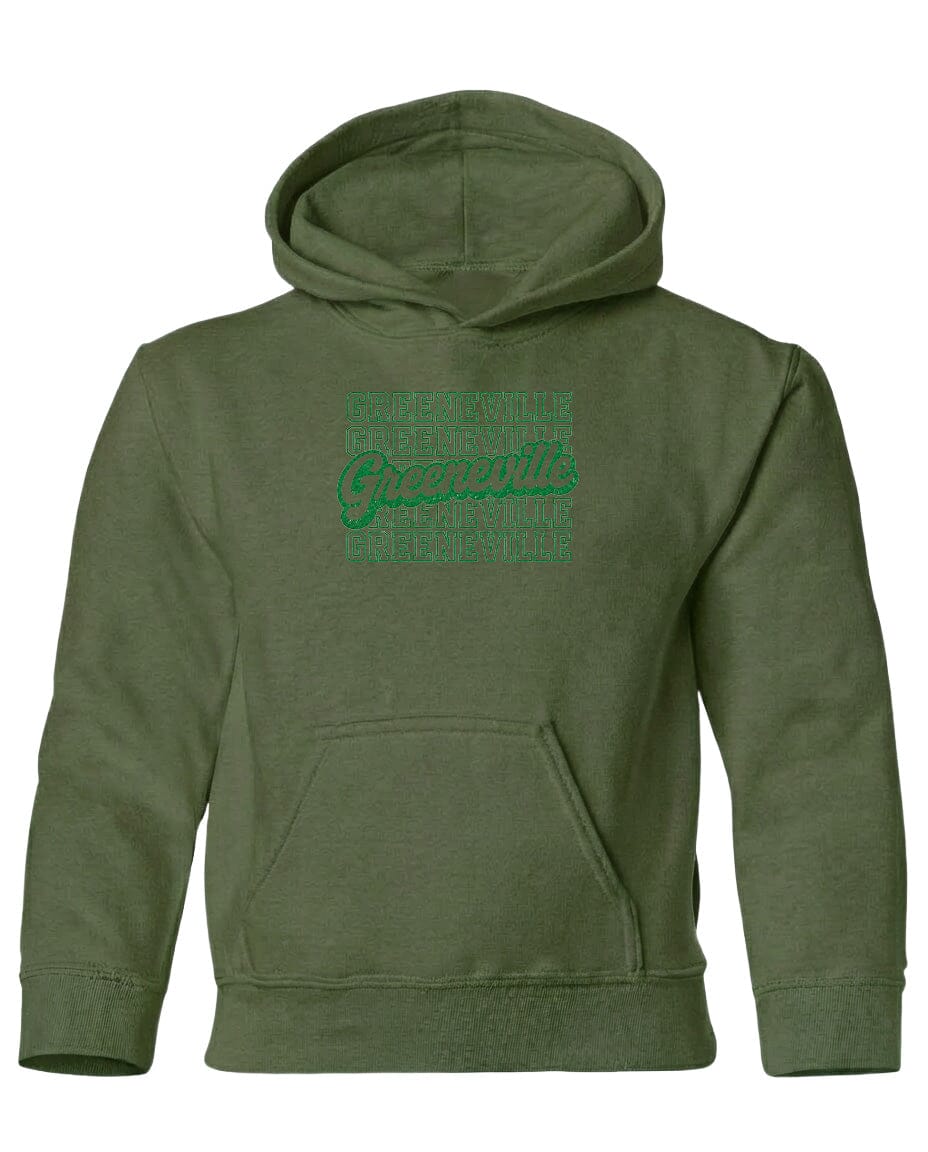 A green hoodie with the text "Greenville" printed on it.