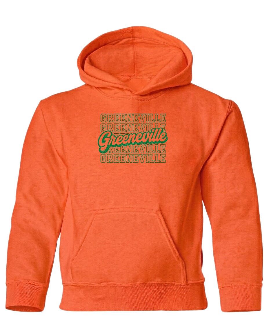 An orange hoodie with text printed on it.