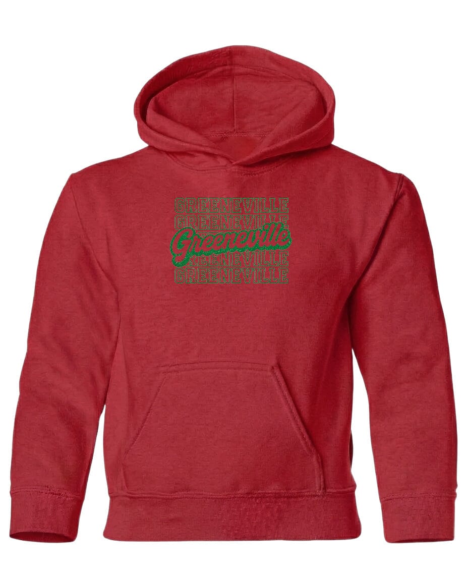 A red hooded sweatshirt with a graphic design on the front.