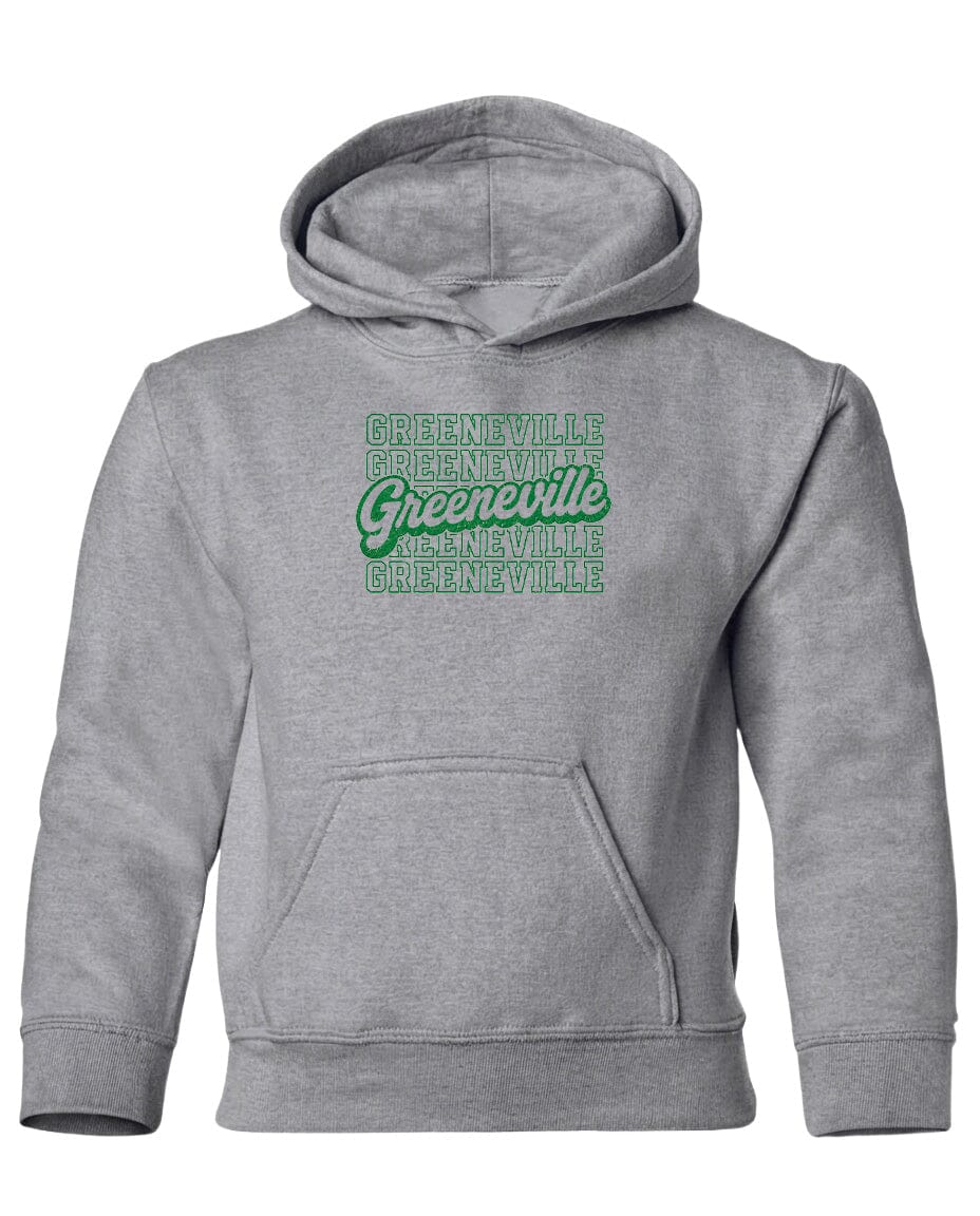 A gray hooded sweatshirt with a green text logo on the front.