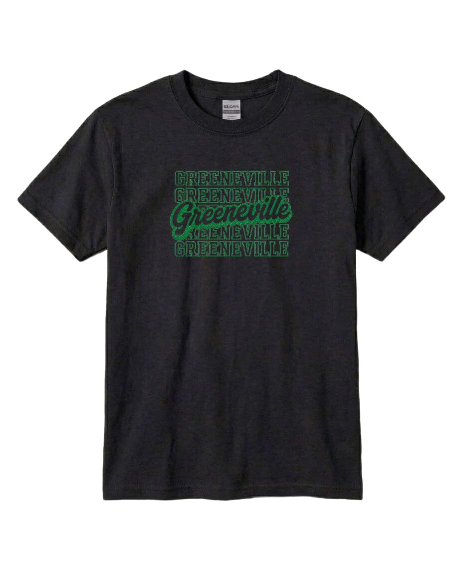 A black t-shirt with a graphic design featuring the text "Greenville" in green and white.
