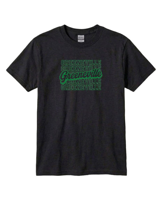 A black t-shirt with a graphic design featuring the text "Greenville" in green and white.