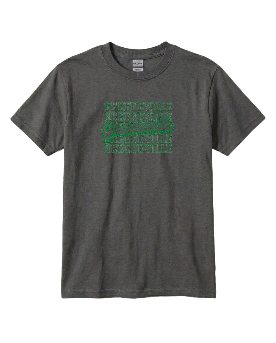 A gray t-shirt with a green graphic design on the front.