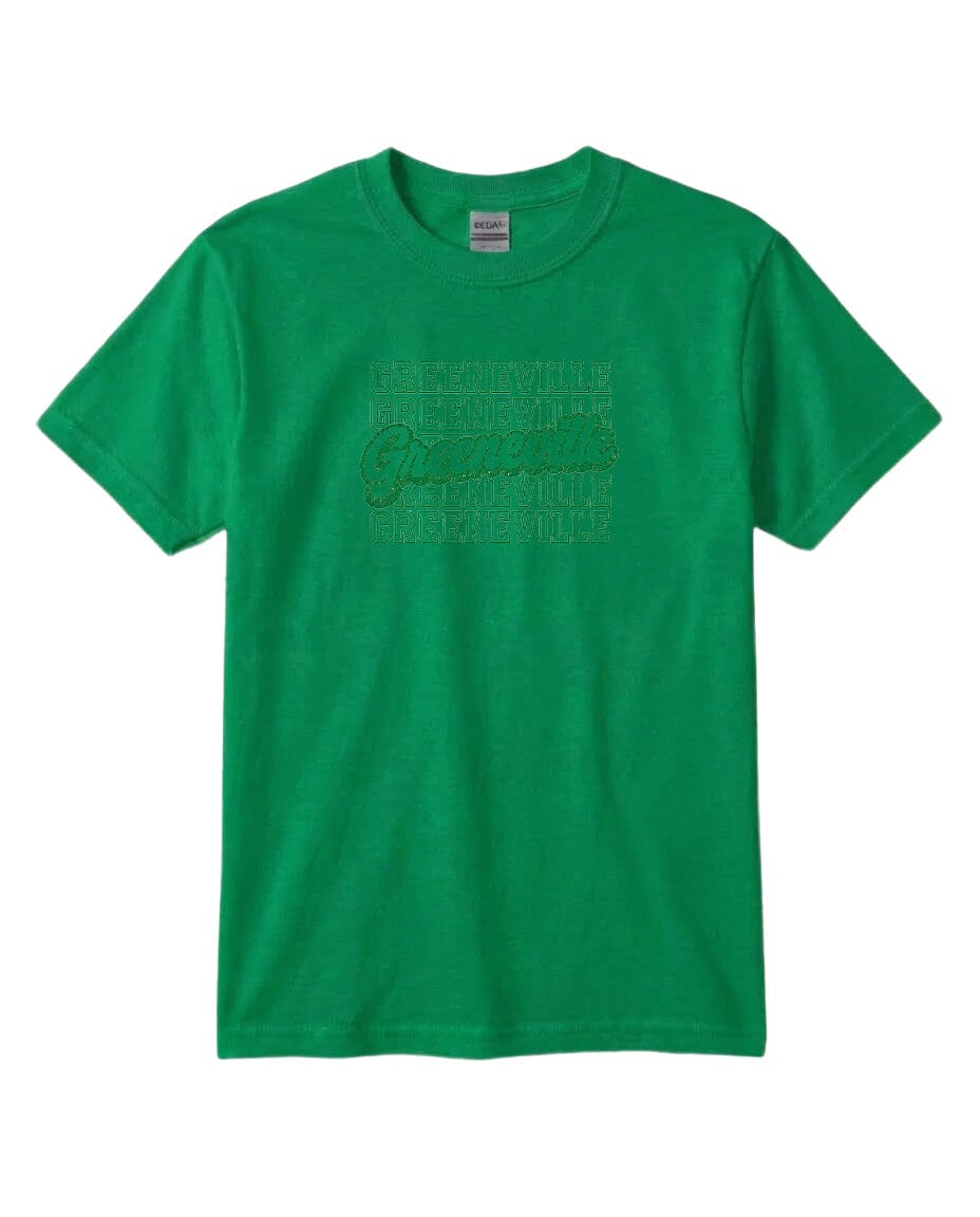 A bright green t-shirt with a repeating pattern of the word "Greenville" printed on it.