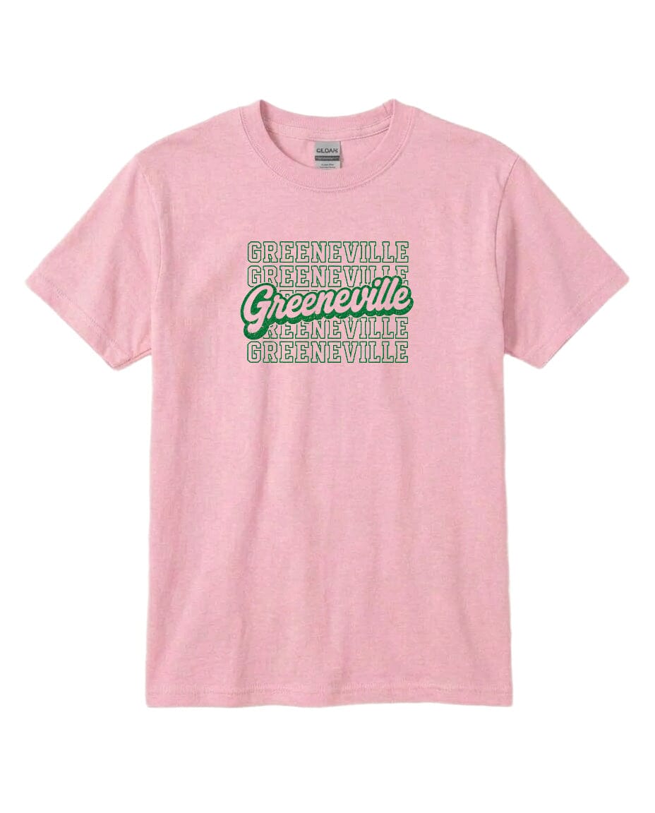 A pink t-shirt with the text "GREENVILLE" printed on it in a stylized font.