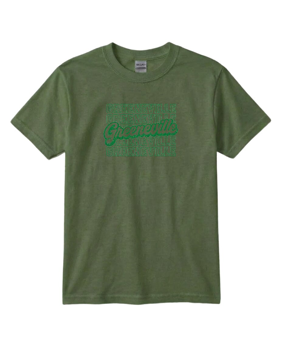 A green t-shirt with the text "Greenville" printed on it in a stylized font.
