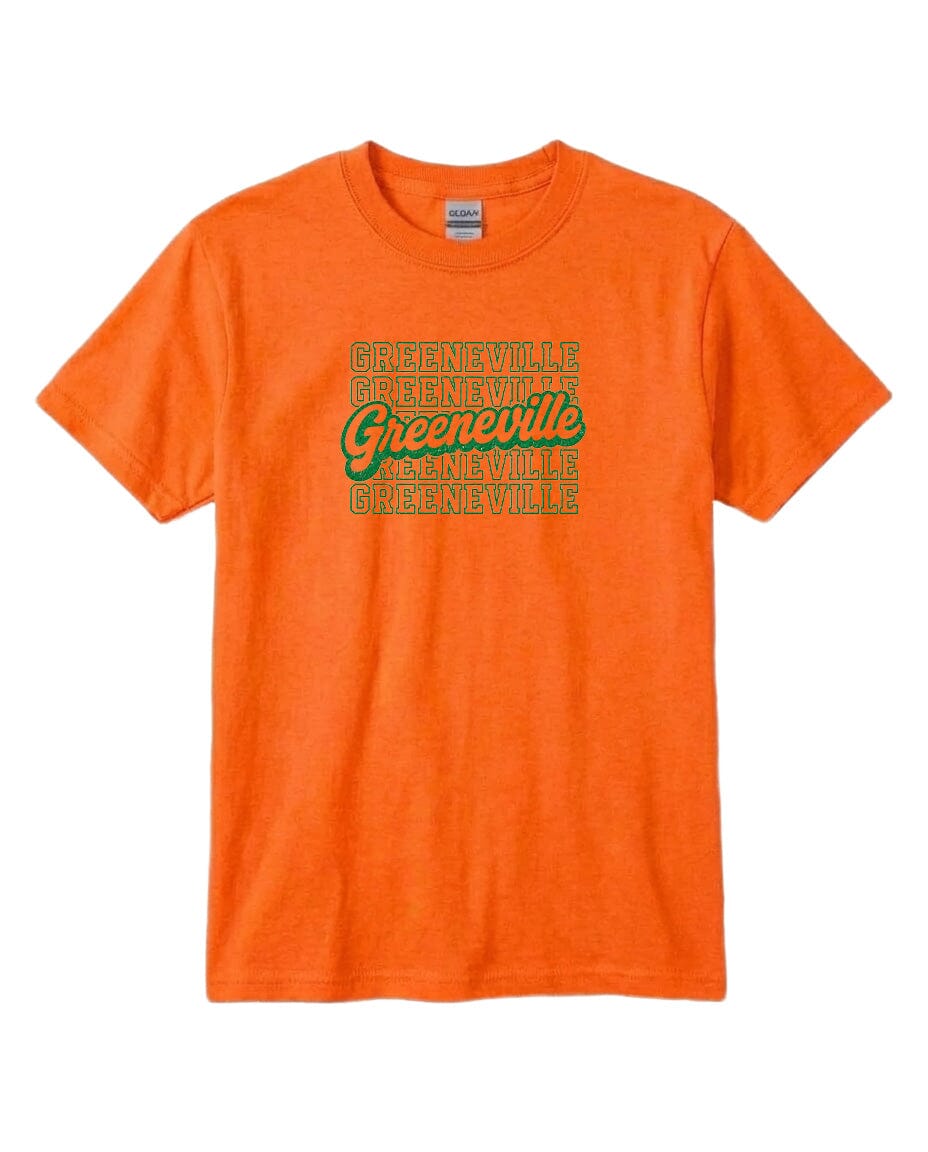 An orange t-shirt with text printed on it.