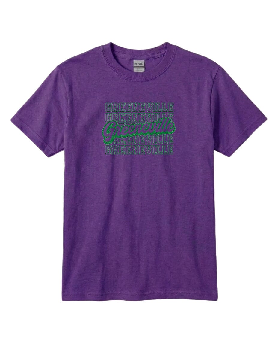 A purple t-shirt with a graphic design featuring the text "Greenville" repeated in a pattern across the front.