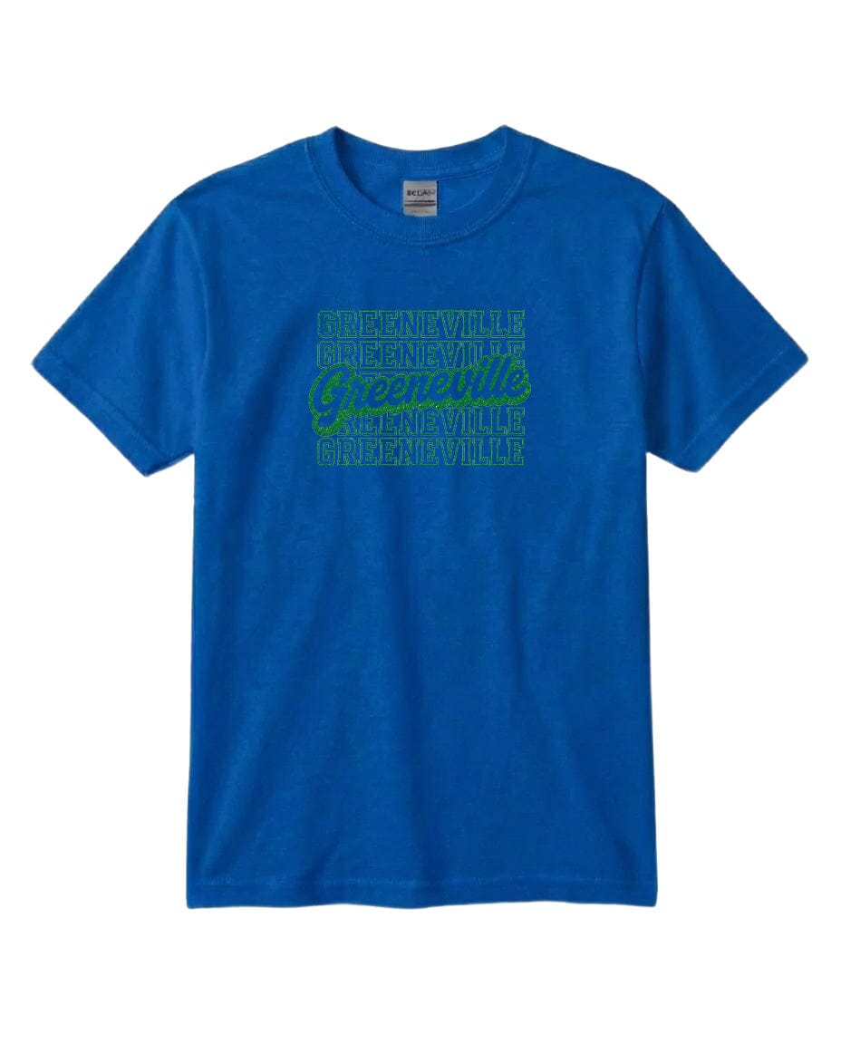 A blue t-shirt with a graphic design featuring the text "Greenville" repeated in a pattern across the front.