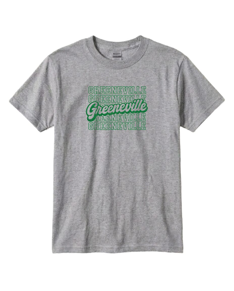 A gray t-shirt with the text "Greenville" printed in green on it.
