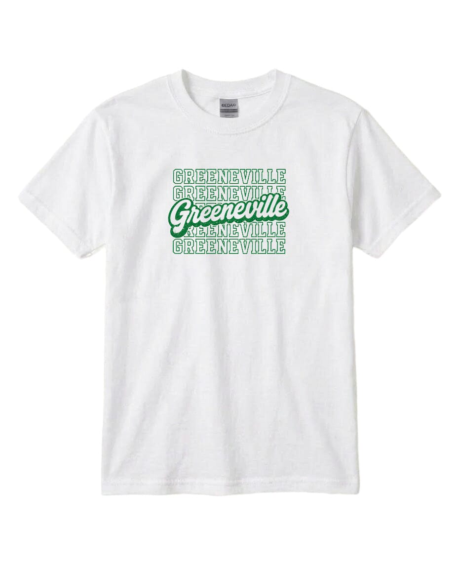 A white t-shirt with a graphic design featuring the text "Greenville" repeated in a stylized font.