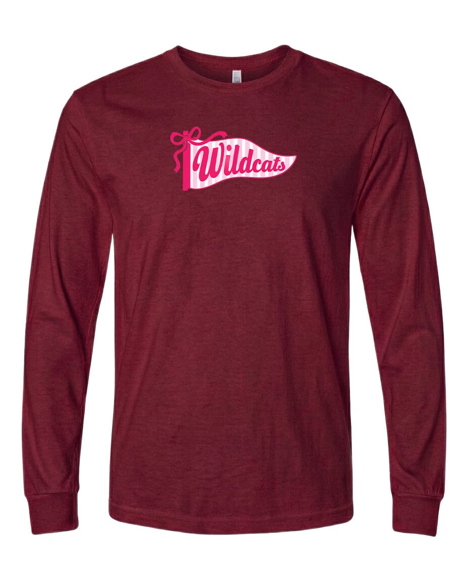 A burgundy long-sleeved t-shirt with a pink and white graphic design on the front.