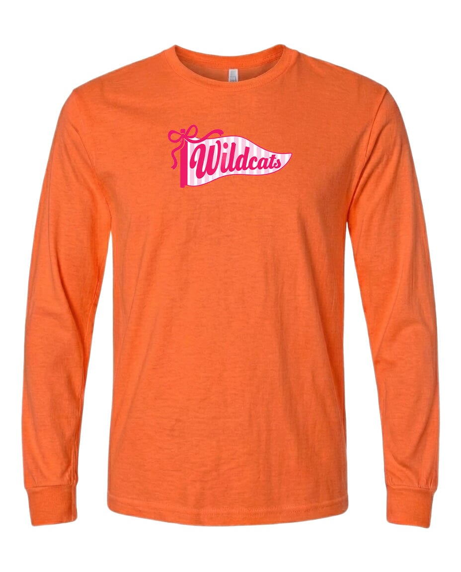 An orange long-sleeved t-shirt with a pink and white logo that says "Wildcats".