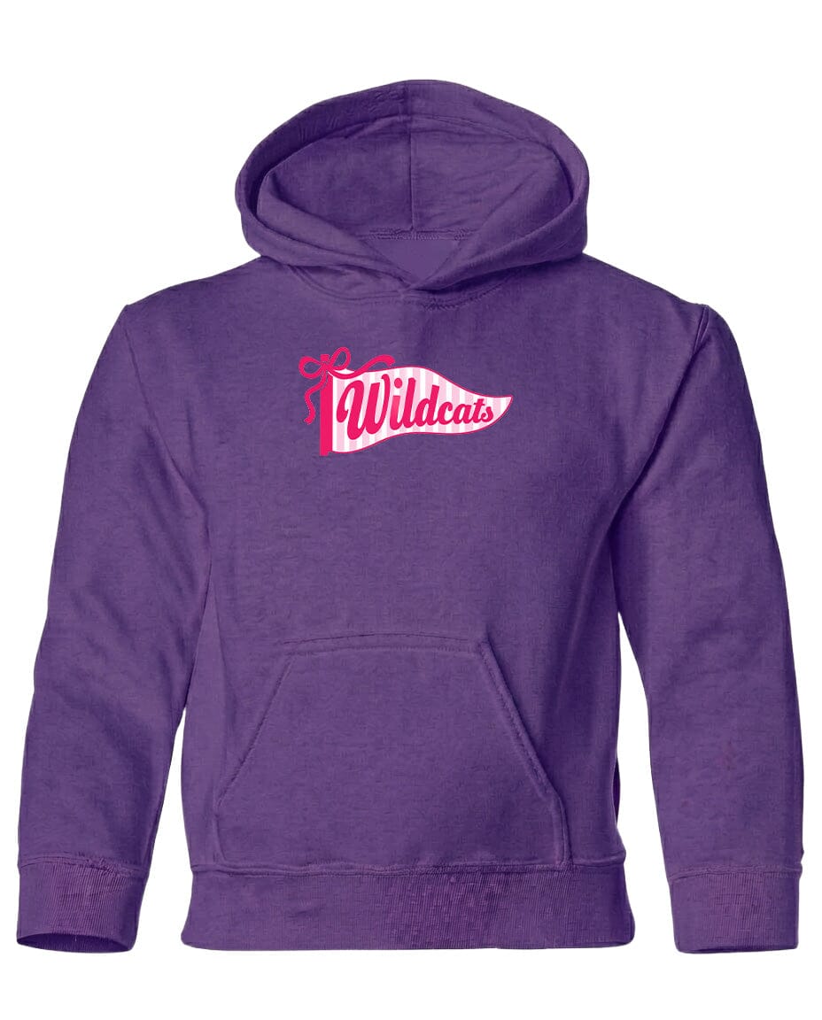 A purple hoodie with a graphic design featuring the word "Wildcats" in pink text.
