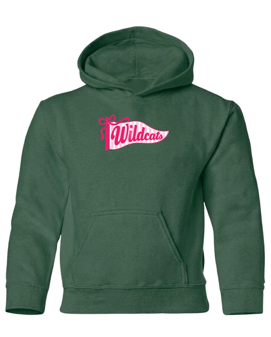 A green hoodie with a pink and white design on the front, featuring the text "Wildcats" in a stylized font.