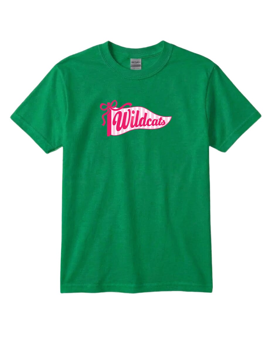 A green t-shirt with a pink and white logo that says "Wildcats".
