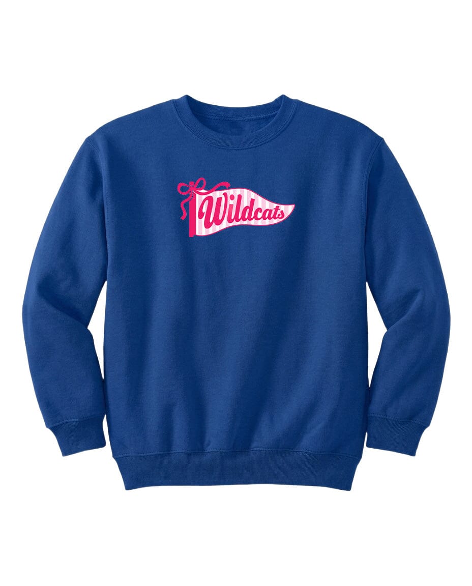A navy blue sweatshirt with a pink and white logo that says "Wildcats".