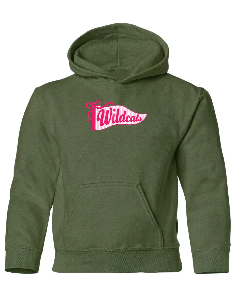 A green hoodie with a pink banner that says "Wildcats" on it.