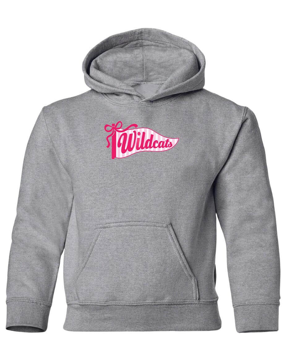 A gray hooded sweatshirt with a pink and white logo on the front.