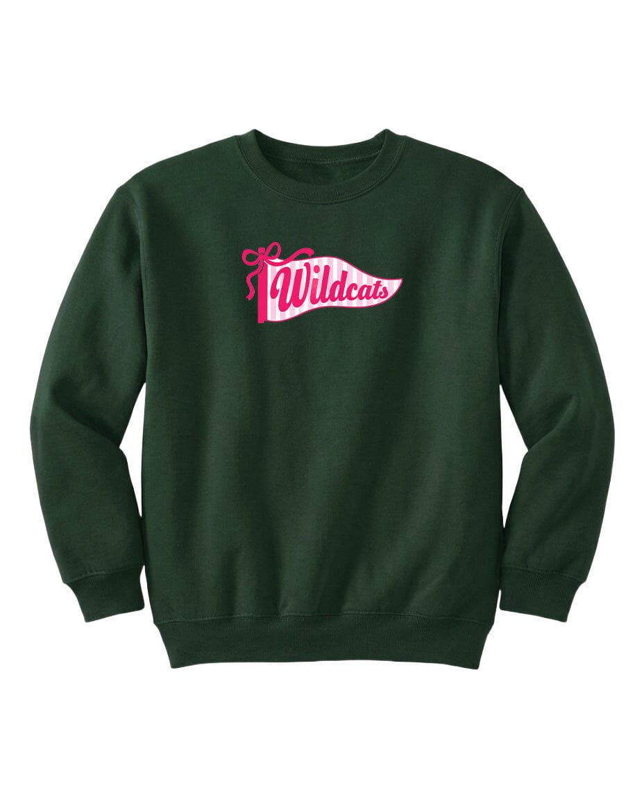 A dark green sweatshirt with a pink and white logo on the front.