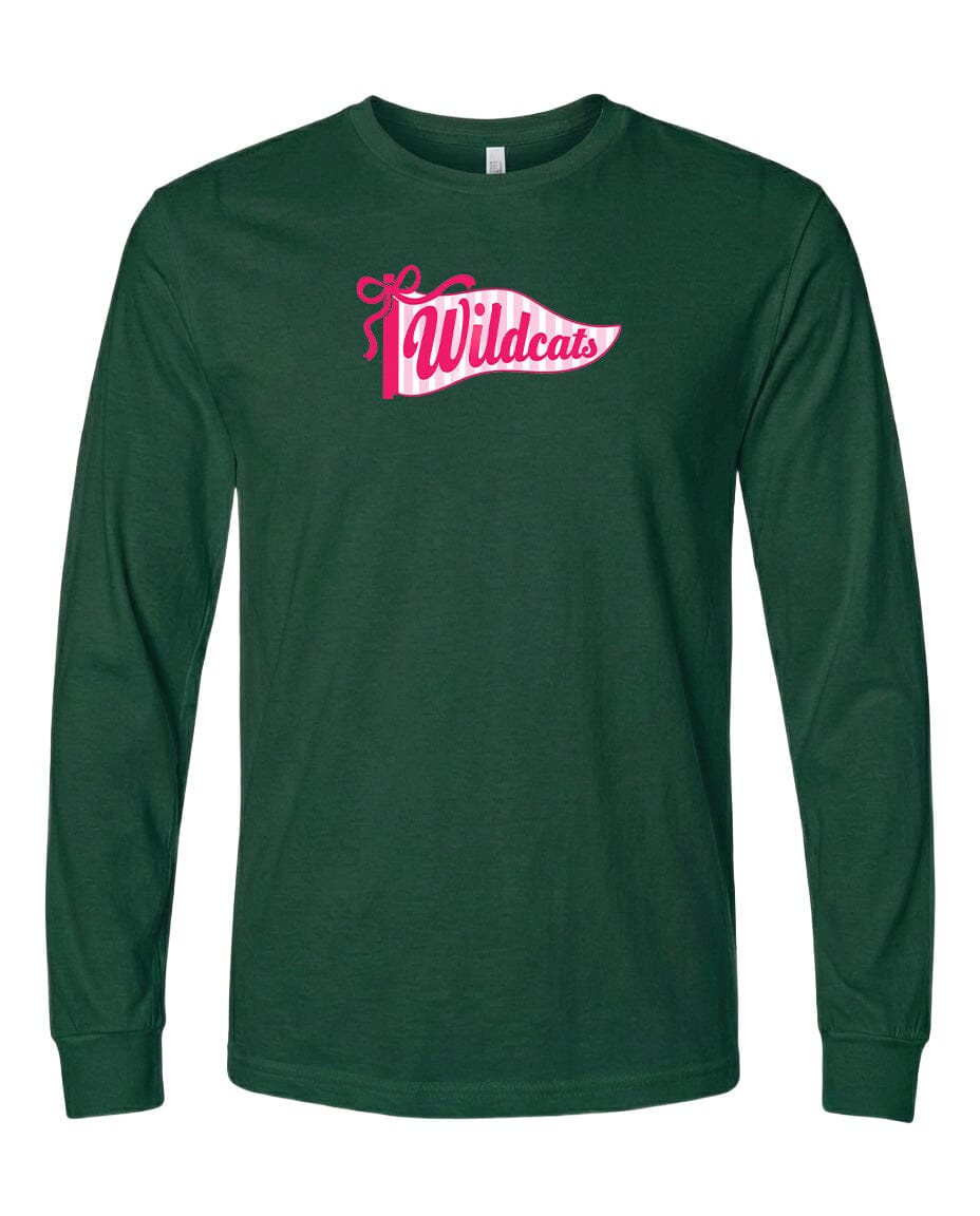 A dark green long-sleeved shirt with a pink banner logo that says "Wildcats" on it.