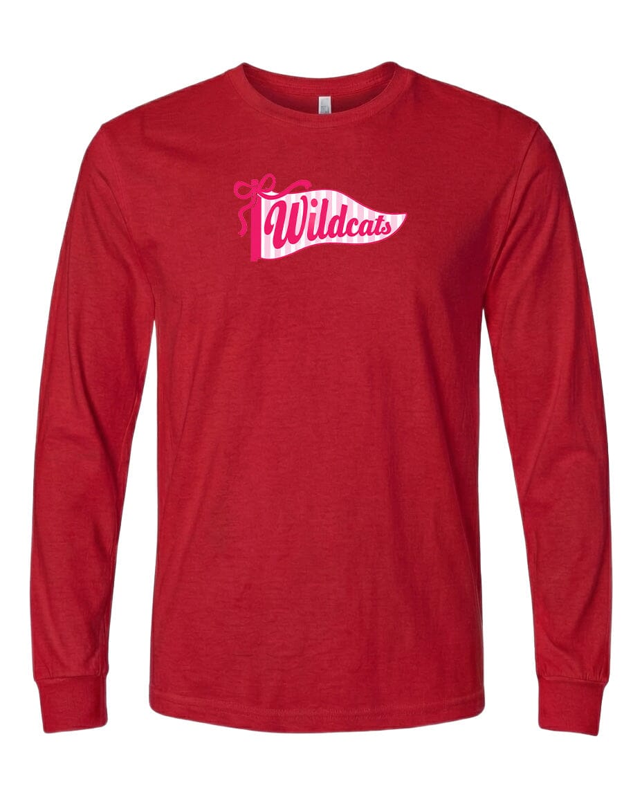 A red long-sleeved t-shirt with a pink and white graphic design on the front.