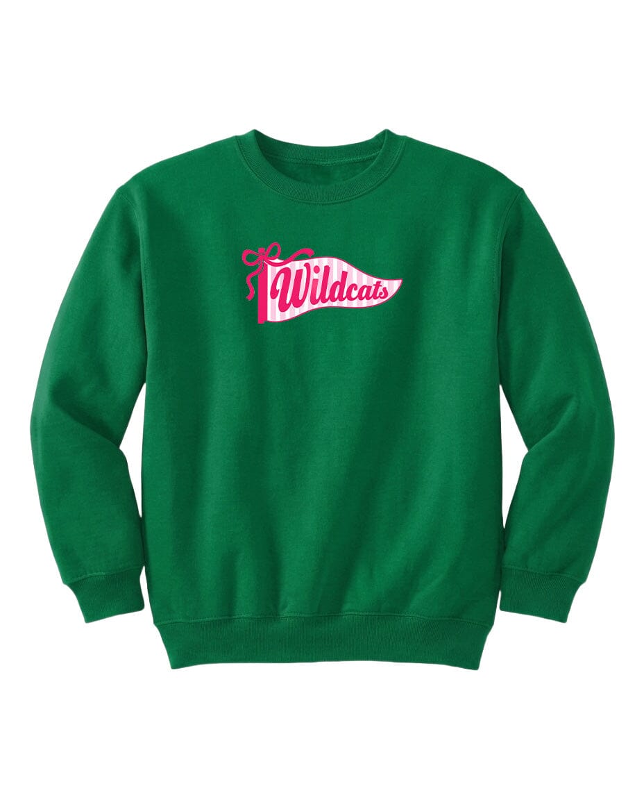 A green sweatshirt with a pink and white logo that says "Wildcats".
