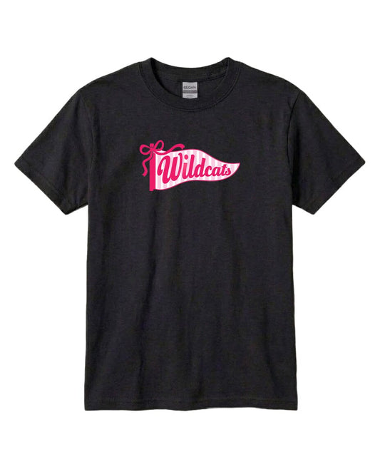 A black t-shirt with a pink graphic design featuring the word "Wildcats" on it.