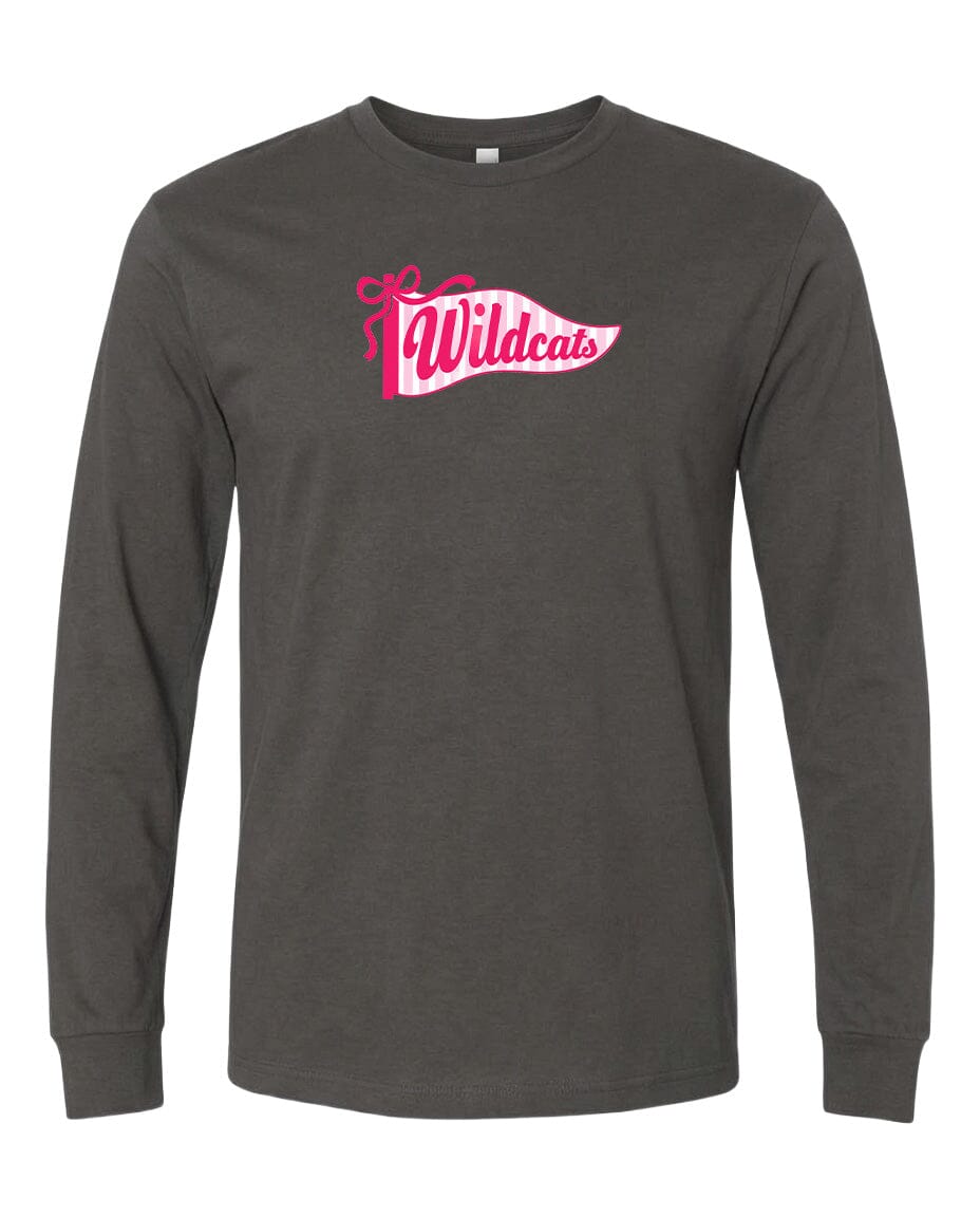 A gray long-sleeved t-shirt with a pink and white graphic design on the front.