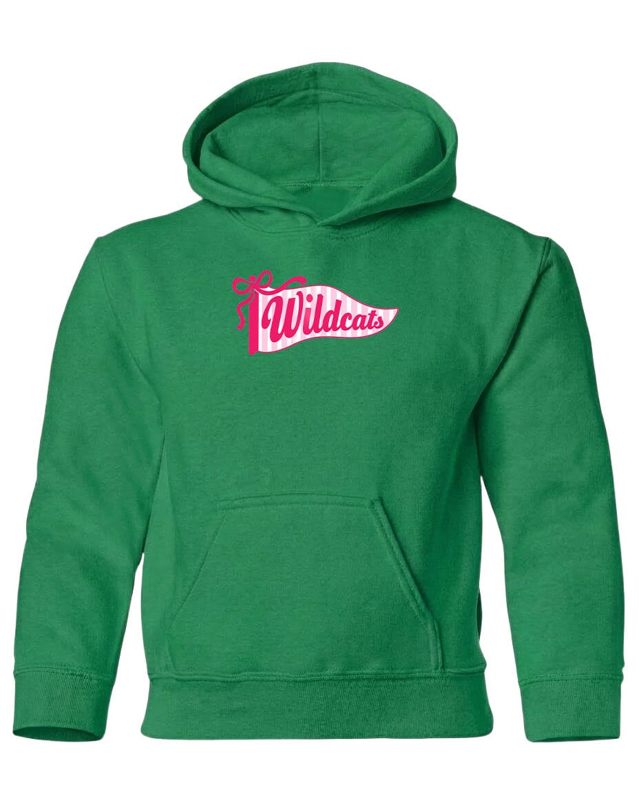 A bright green hoodie with a pink and white logo that says "Wildcats".
