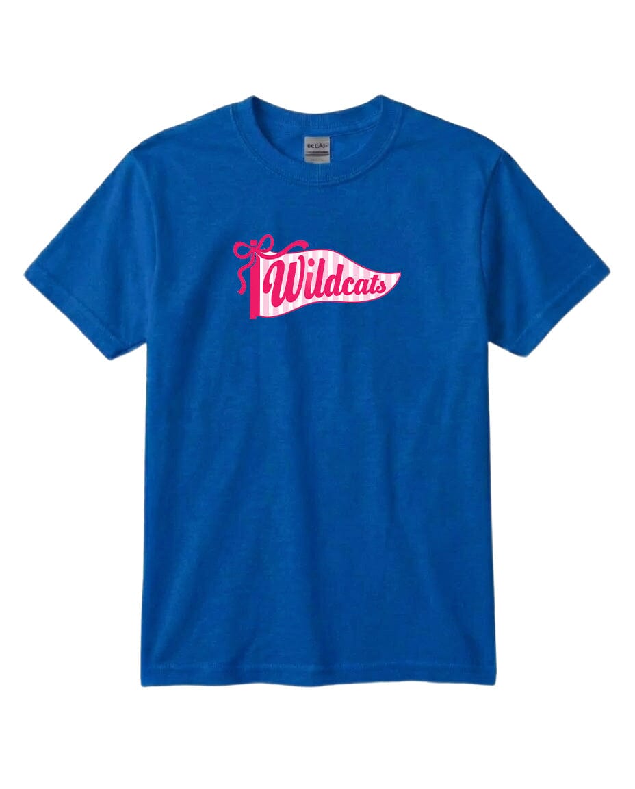 A blue t-shirt with a pink and white graphic design featuring the text "Wildcats" on it.