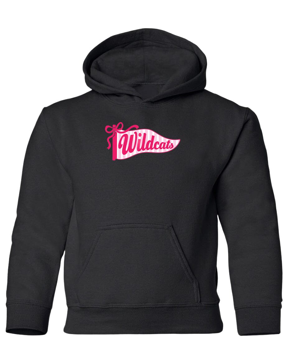 A black hooded sweatshirt with a pink and white logo on the front.